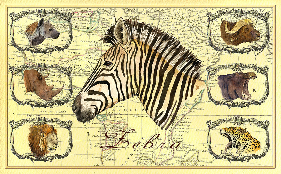 Buffalo Digital Art - Zebra African map heads by Juan  Bosco