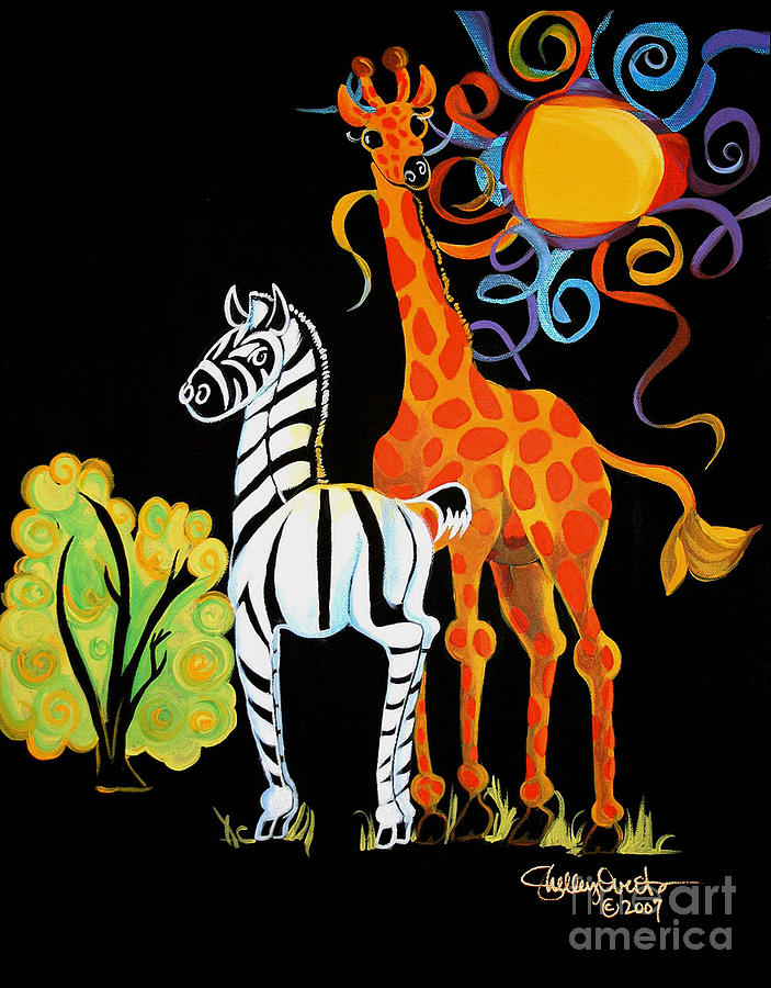 Zebra and the Giraffe Painting by Shelley Overton