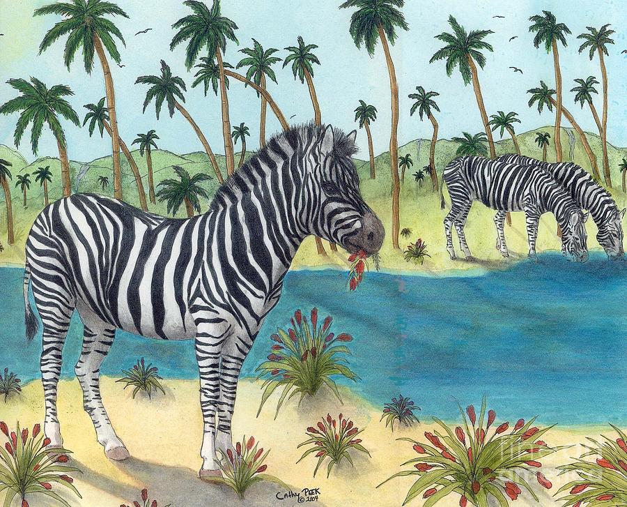 Zebra Painting - Zebra Palm Trees Wildlife Jungle Art Cathy Peek by Cathy Peek