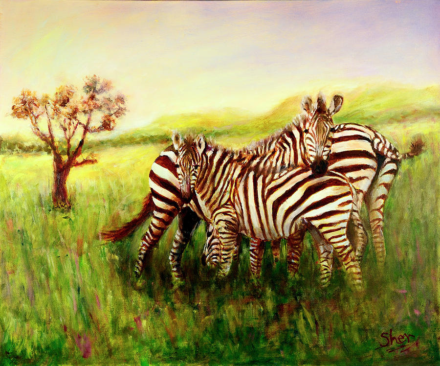 Zebras at Ngorongoro Crater Painting by Sher Nasser