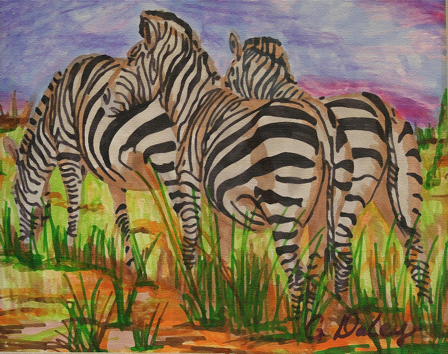 Zebras Grazing Painting by Gail Daley