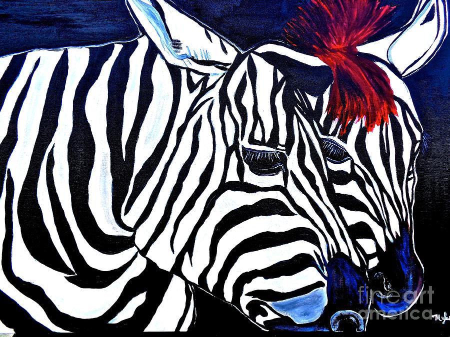 Zebras on a Blue Night Painting by Saundra Myles