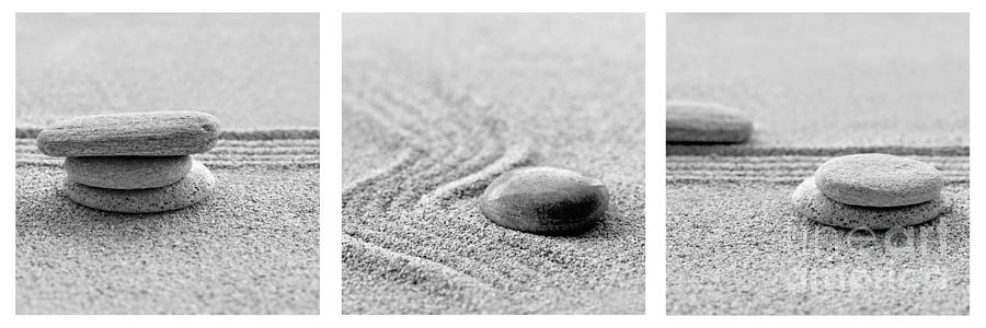 Zen stones, black and white triptych Photograph by Delphimages Photo Creations