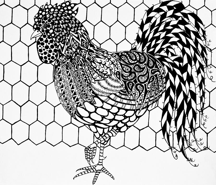 Zentangle Rooster Drawing by Jani Freimann