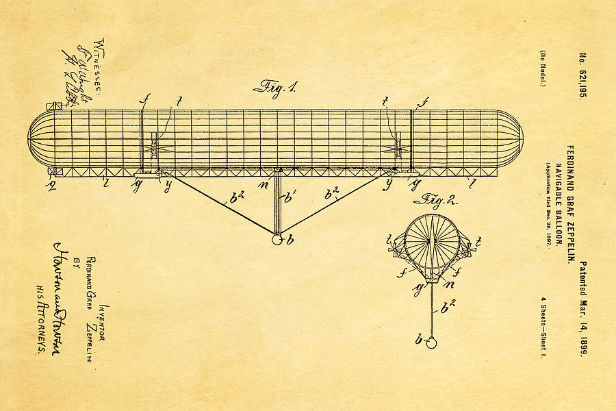 Vintage Photograph - Zeppelin Navigable Balloon Patent Art 1899 by Ian Monk
