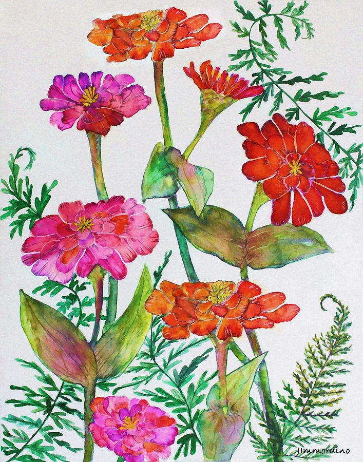 Zinnia and Ferns Painting by Janet Immordino