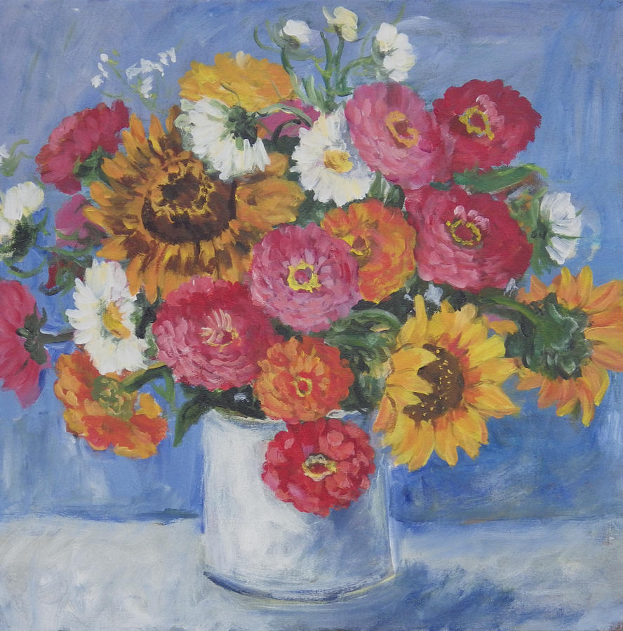 Zinnias and Sunflowers Still Life Painting by Ingrid Dohm