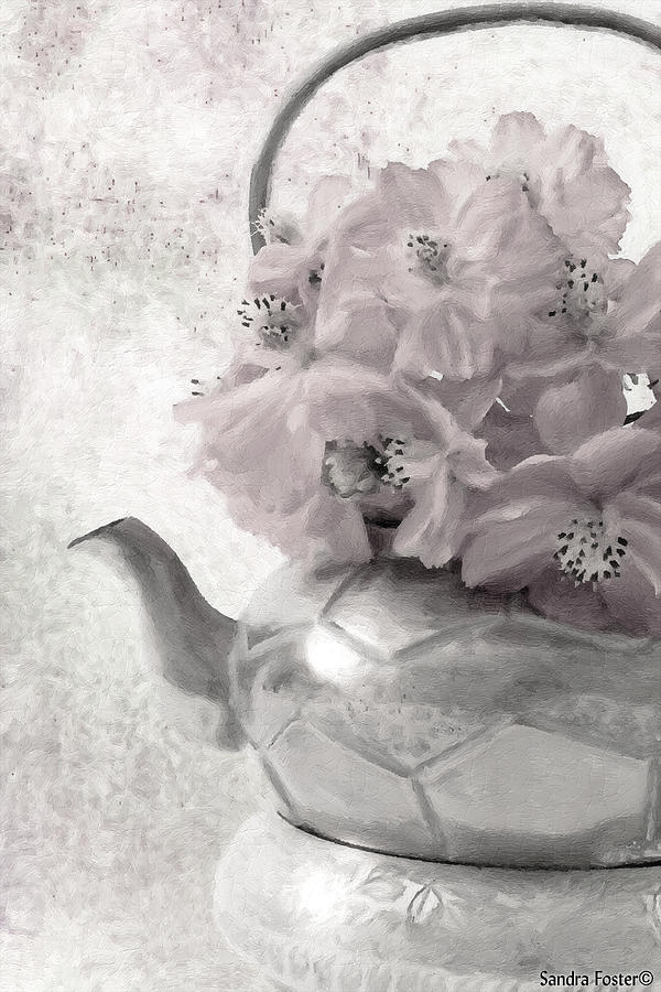 Flower Photograph - Zinnias In Tea Pot - Digital Oil Painting by Sandra Foster