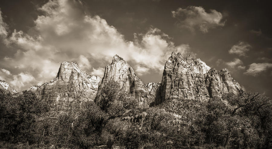 Black And White Photograph - Zion Court of the Patriarchs in Sepia by Tammy Wetzel
