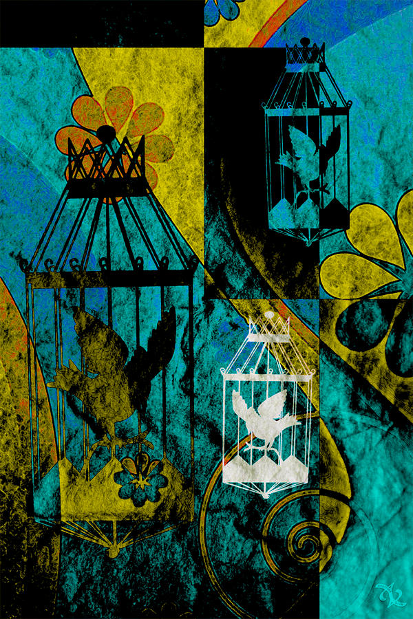  3 Caged Birds Grunge Mixed Media by Angelina Tamez