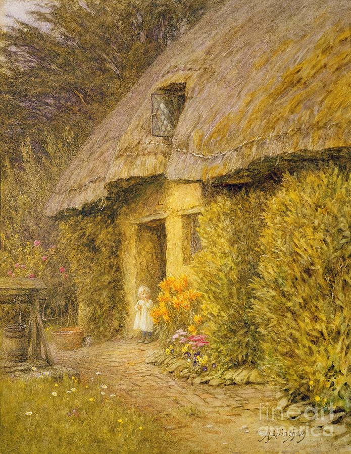  A Child at the Doorway of a Thatched Cottage  Painting by Helen Allingham