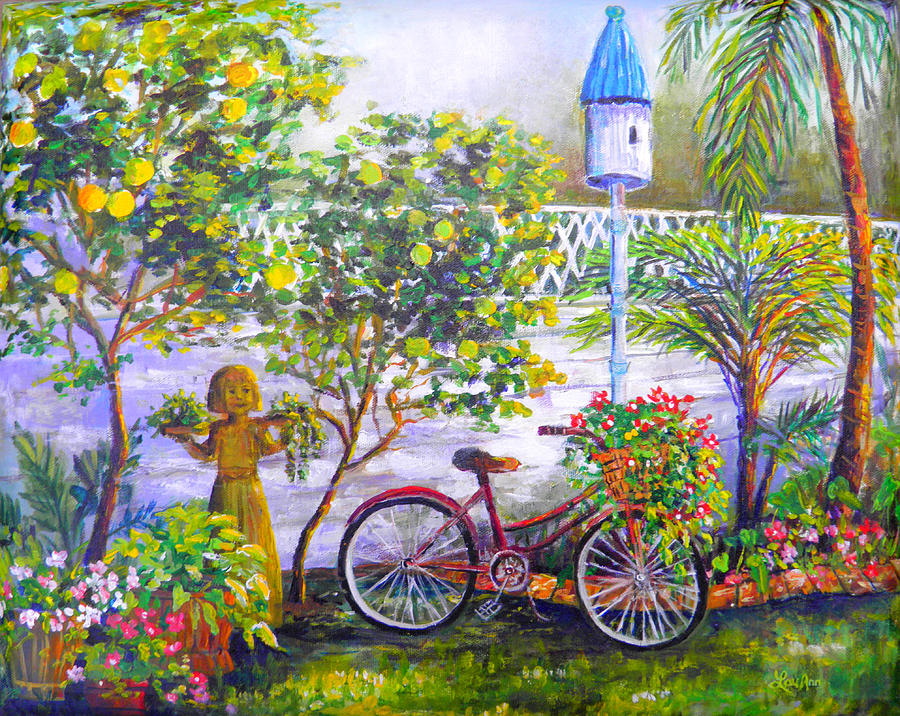  Bicycle in the Garden Painting by Lou Ann Bagnall