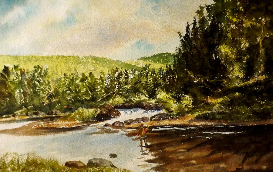 Blue Mountain New York Painting -  Blue Mountain Fly Fisherman by Harding Bush