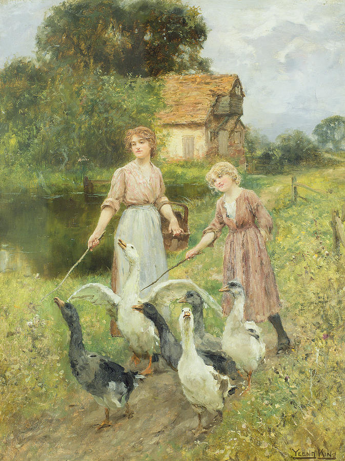 Geese Painting -  Girls Herding Geese  by Henry John Yeend King