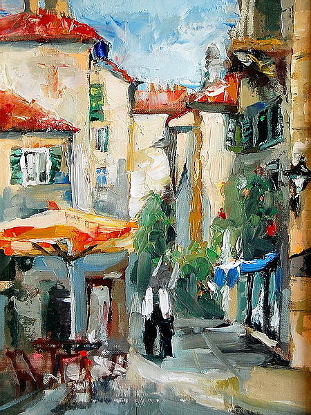 Streetscape Painting -  Kotor old town by Joe Tiszai