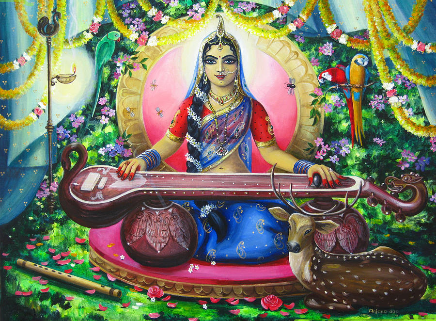 Vrindavan Painting -  Radha Plays On Vina     by Anjana Das