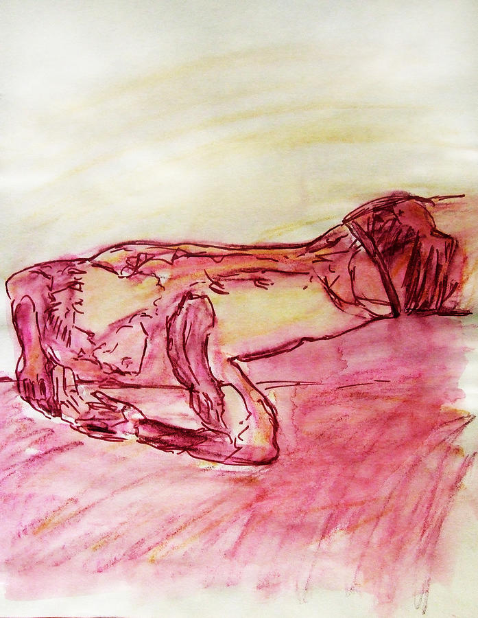  Sleeping Beauty Figure Sketch in Yellow Purple Lying on Couch Nude Arched Back and Muscled Arms Painting by M Zimmerman