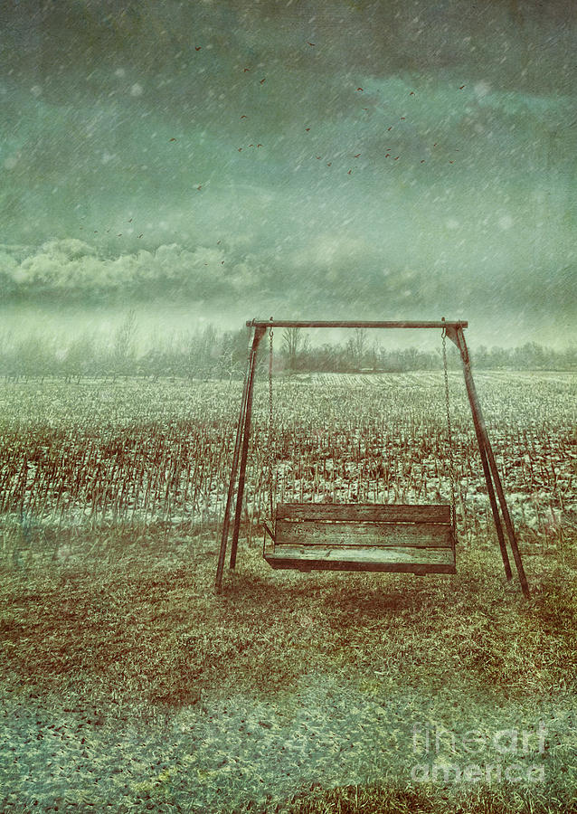 Abandoned  swing in first snow storm of winter #1 Photograph by Sandra Cunningham