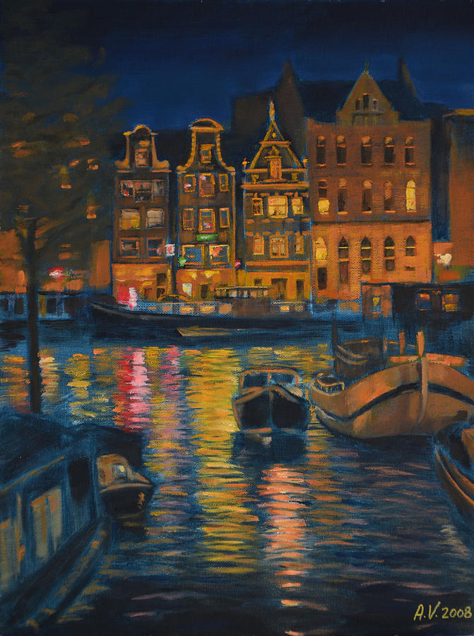 Amsterdam at Night Painting by Alex Vishnevsky