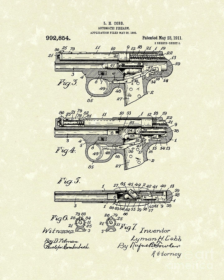 Automatic Firearm 1911 Patent Art #1 Drawing by Prior Art Design