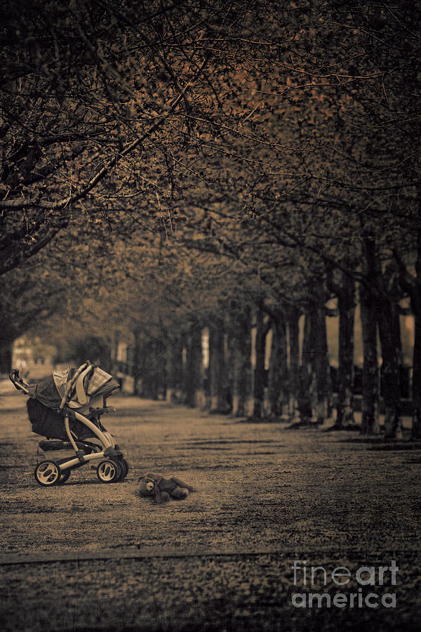 Baby carriage with toy bear alone on street #1 Photograph by Sandra Cunningham