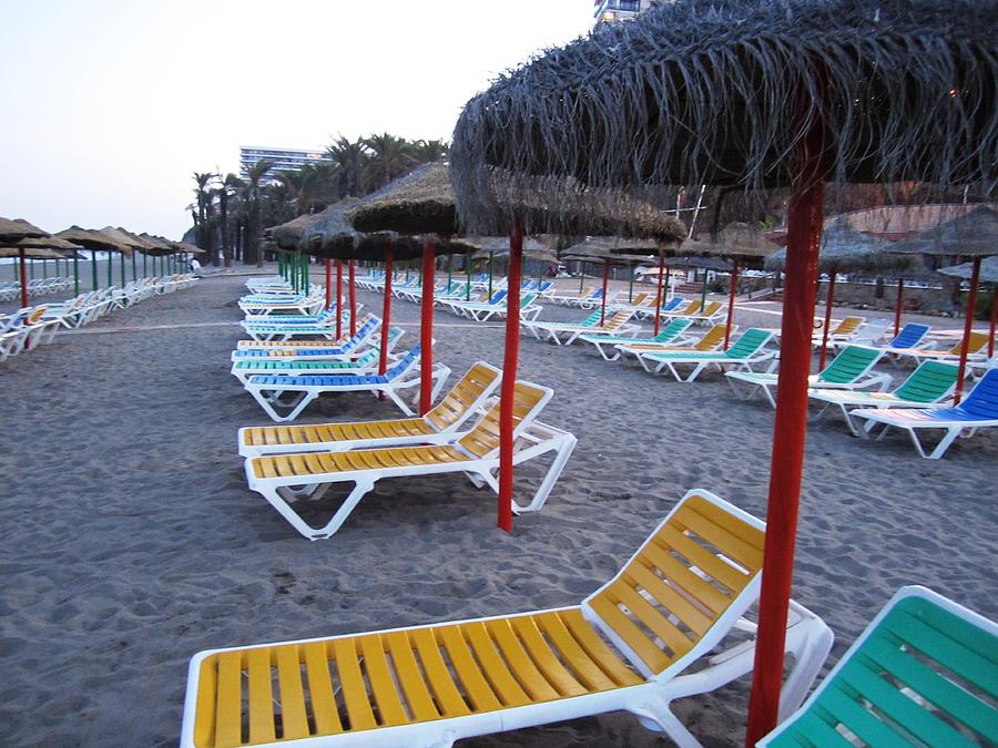 Beach Umbrellas and Chairs Costa Del Sol Spain #1 Photograph by John Shiron