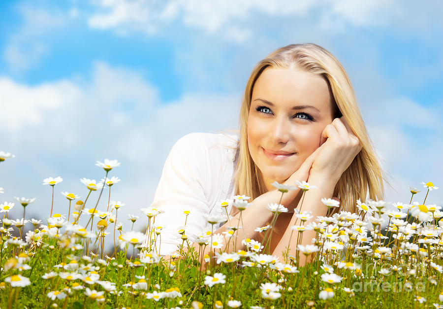 Daisy Photograph - Beautiful woman enjoying daisy field and blue sky #1 by Anna Om