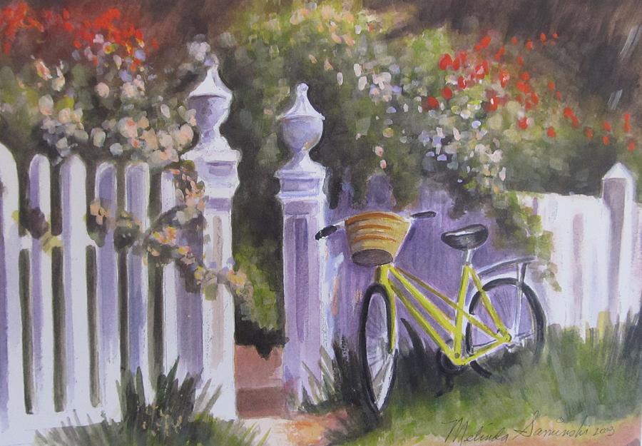 Bicycle on Fence #1 Painting by Melinda Saminski