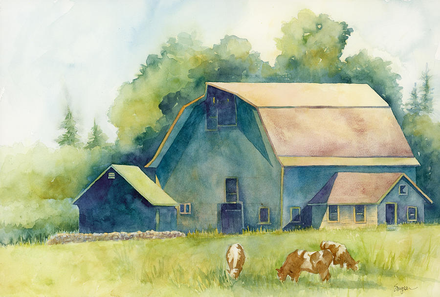 Cow Painting - Blue Barn #1 by Sherri Snyder