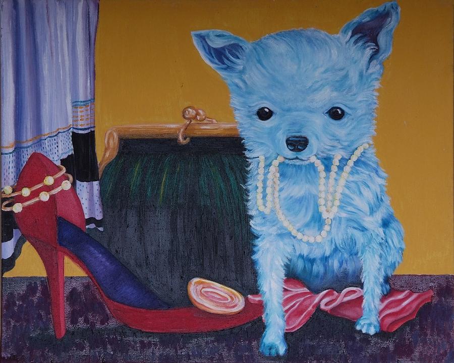 Dog Painting - Blue Chihuahua with Pearls #1 by Gail Mcfarland