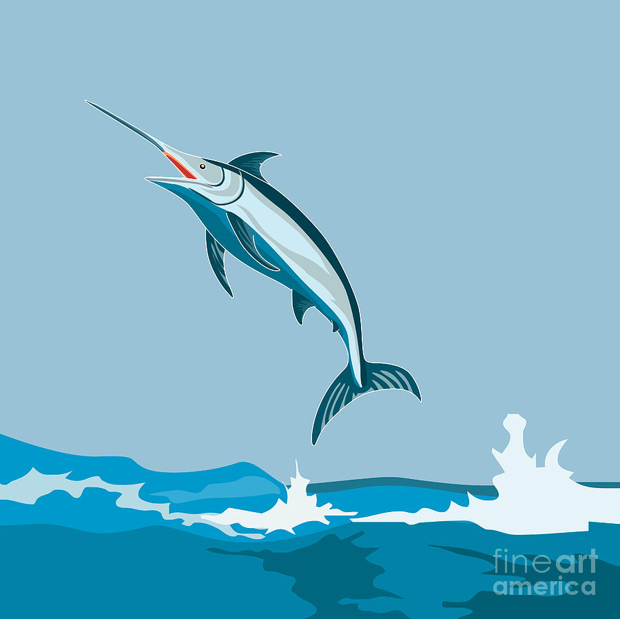 Blue Marlin Fish Jumping Retro Digital Art