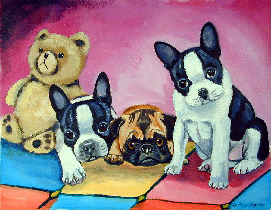 Animal Painting - Boston Terrier and Pug puppies PJ Party #1 by Lyn Cook