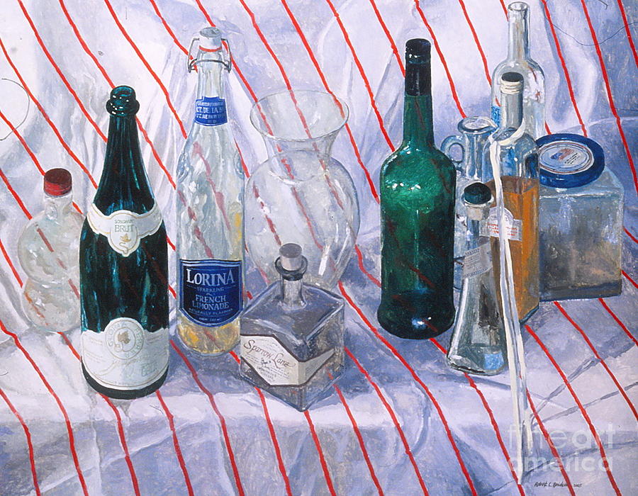 Bottle Painting - Bottles on striped cloth #1 by Robert Bowden