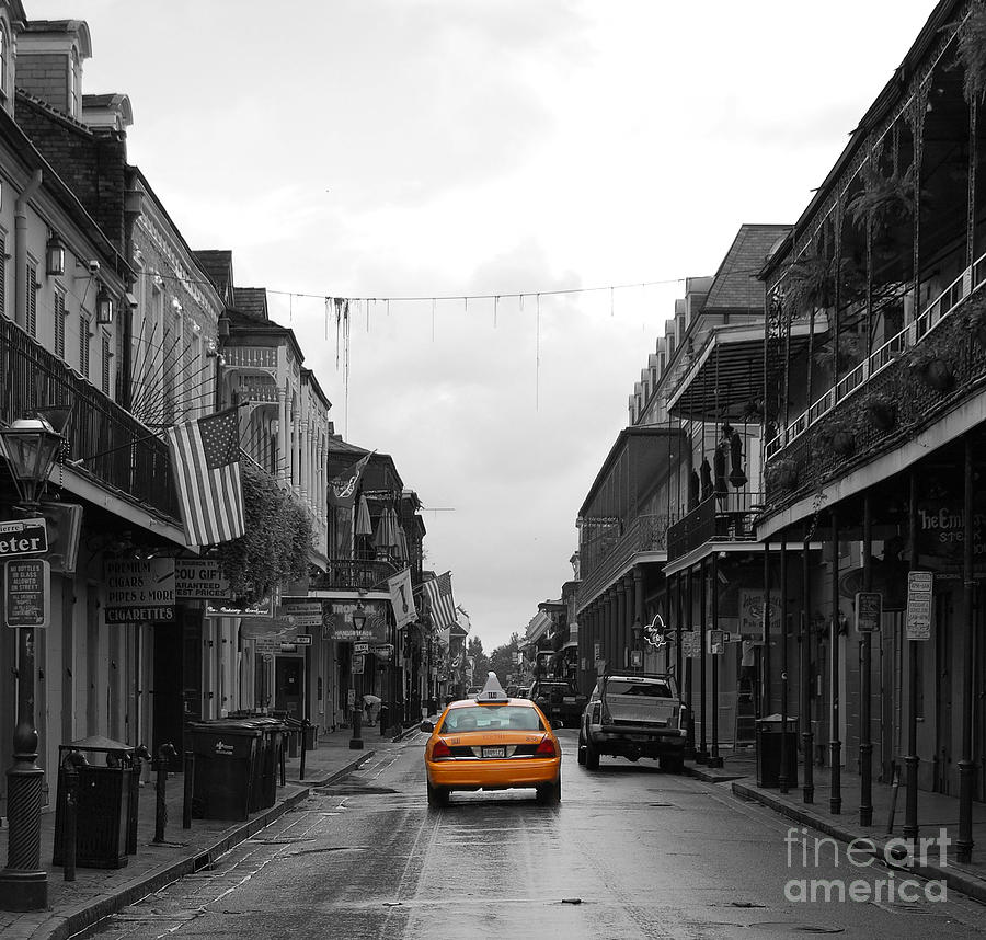 Bourbon Street Taxi Cab French Quarter New Orleans Color Splash Black and White  #2 Digital Art by Shawn OBrien