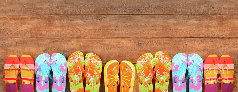 Beach Photograph - Brightly colored flip-flops on wood  #1 by Sandra Cunningham