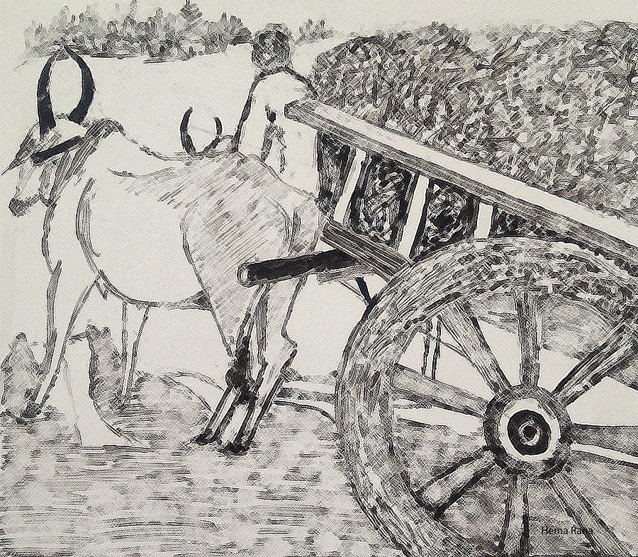 Bullock Cart Drawing by Hema Rana