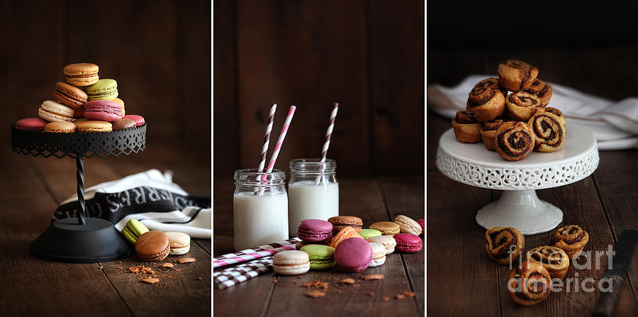 Cake Photograph - Cake stand with macaroons on dark wood background #1 by Sandra Cunningham