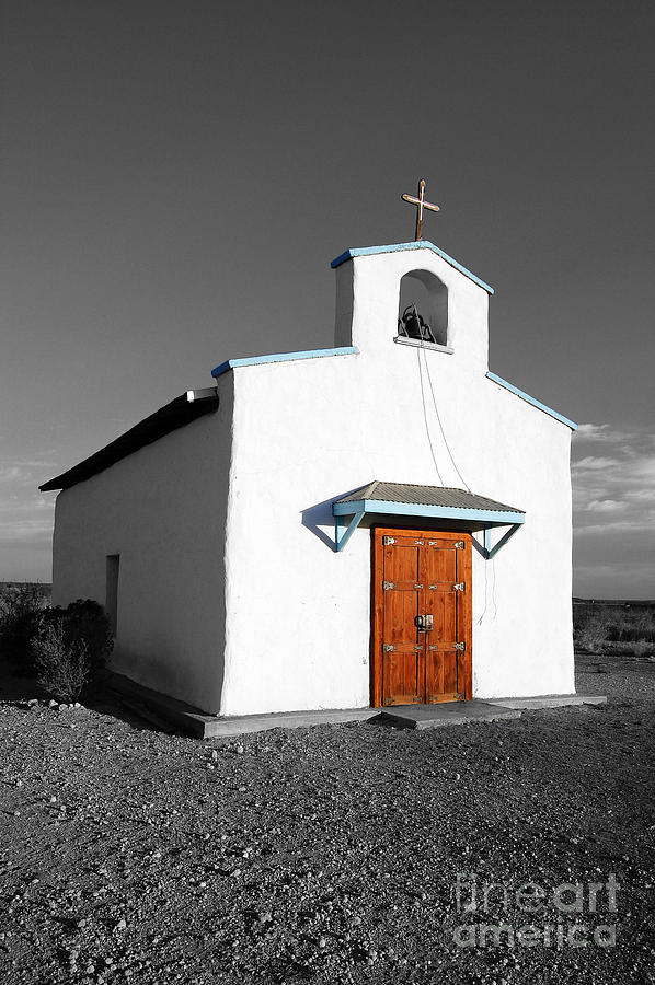 Calera Mission Chapel in West Texas Color Splash Black and White Photograph by Shawn OBrien