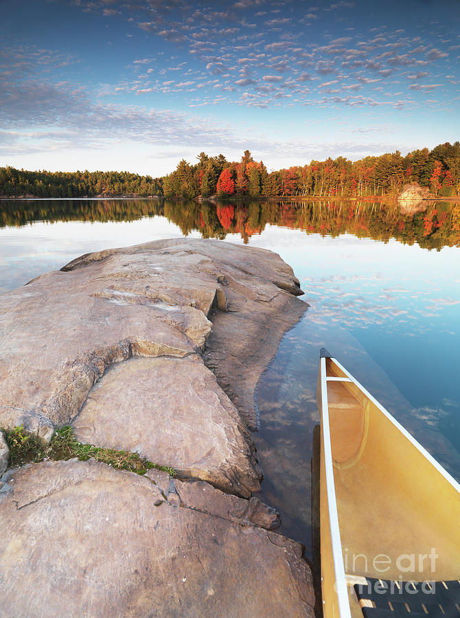 Canoe At A Rocky Shore Autumn Nature Scenery Photograph by Maxim Images ...