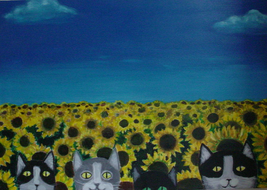 Flower Painting - Cats and Sunflowers #1 by Serenity Studio Art