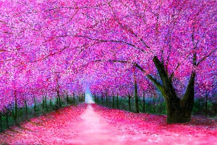 Cherry blossoms lane #1 Painting by Marie-Line Vasseur