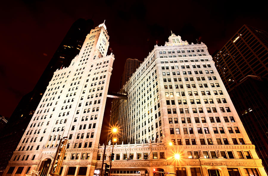 Chicago Downtown City  Night Photography Wrigley Square #1 Digital Art by Mark Duffy