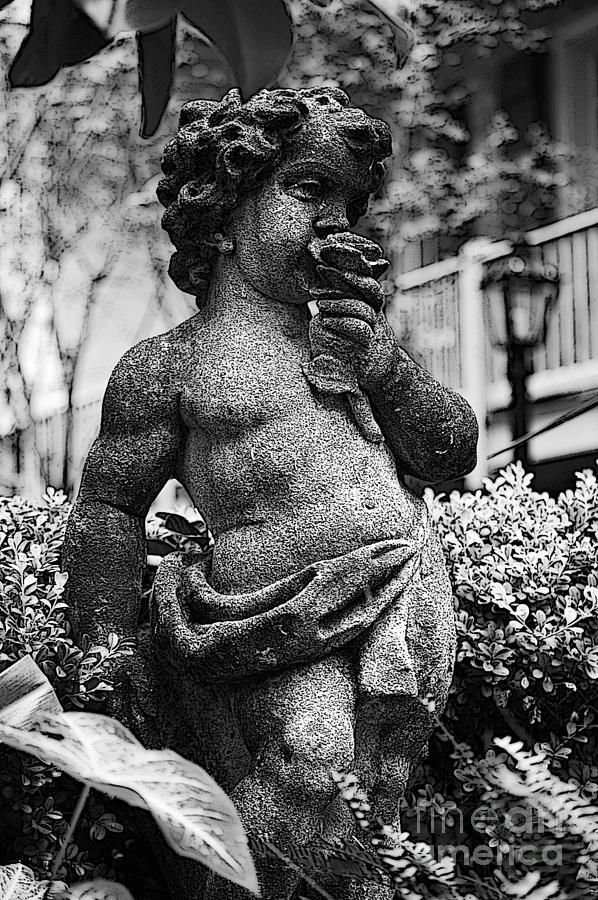 Courtyard Statue of a Cherub French Quarter New Orleans Black and White Poster Edges Digital Art #1 Digital Art by Shawn OBrien