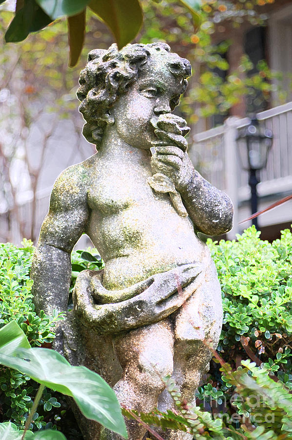 Courtyard Statue of a Cherub Smelling a Rose French Quarter New Orleans Accented Edges Digital Art #1 Digital Art by Shawn OBrien
