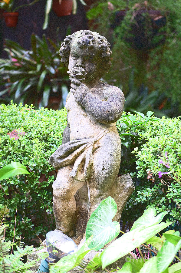 Courtyard Statue of a Cherub Smelling a Rose French Quarter New Orleans Film Grain Digital Art #3 Digital Art by Shawn OBrien