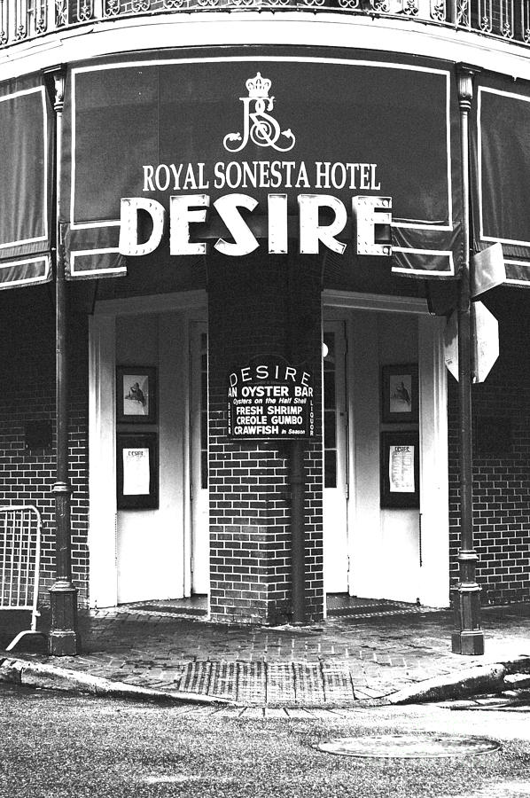Desire Corner Bourbon Street French Quarter New Orleans Black and White Film Grain Digital Art #1 Photograph by Shawn OBrien