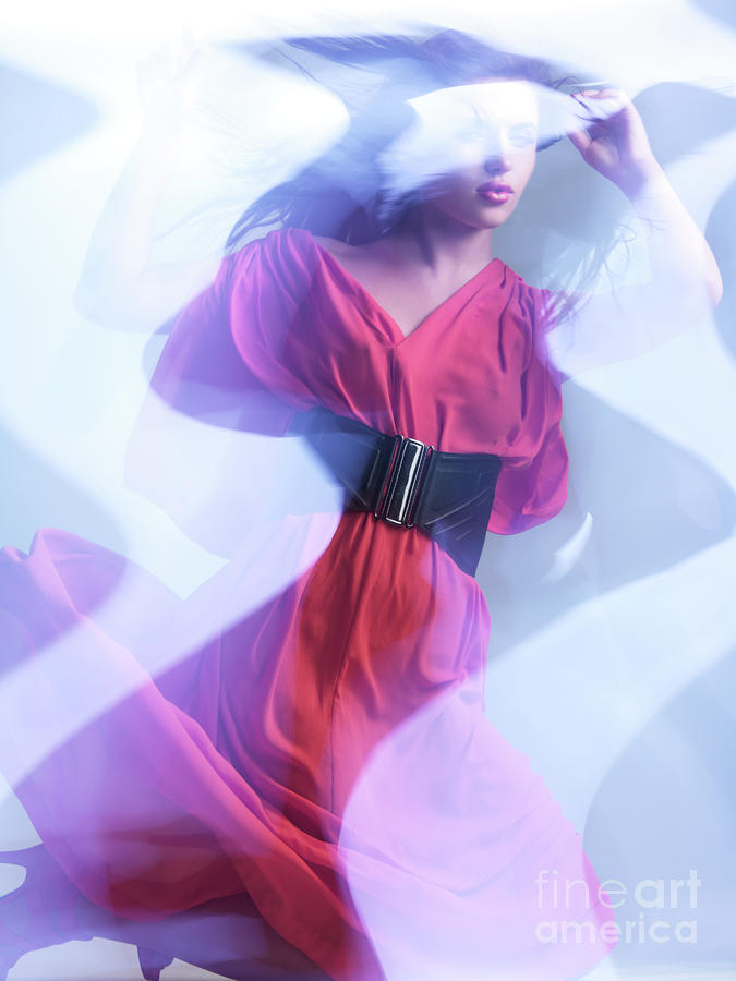 Fashion Photo of a Woman in Shining Blue Settings Wearing a Red  #1 Photograph by Maxim Images Exquisite Prints