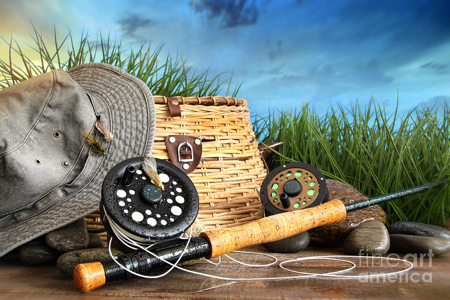 Fish Photograph - Fly fishing equipment with hat on wooden dock #1 by Sandra Cunningham