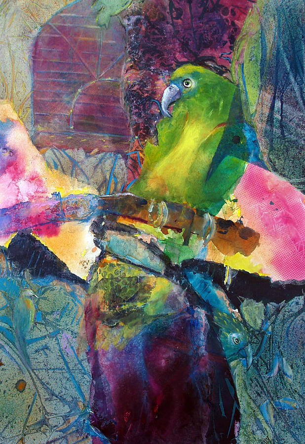 Green Parrot Painting - Flying free #1 by Lolly Owens