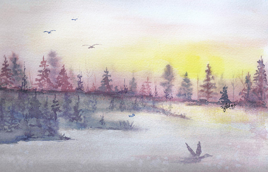 Geese Landing at Sunset #1 Painting by Elise Boam